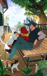 Rule 34 | bae (baebae), bench, blue hair, cat, denim, dog, firefighter, firefighter jacket, galo thymos, green hair, highres, jacket, jeans, lio fotia, male focus, outdoors, pants, plant, potted plant, promare, purple eyes, red jacket, sitting, tree