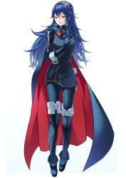 Rule 34 | 1girl, ameno (a meno0), armor, blue cape, blue eyes, blue footwear, blue gloves, blue hair, blue sweater, boots, cape, closed mouth, fingerless gloves, fire emblem, fire emblem awakening, full body, gloves, hair between eyes, hand on own chest, lips, long hair, long sleeves, looking at viewer, lucina (fire emblem), nintendo, pink lips, red cape, ribbed sweater, shoulder armor, simple background, smile, solo, sweater, tiara, turtleneck, turtleneck sweater, two-tone cape, white background, wrist cuffs