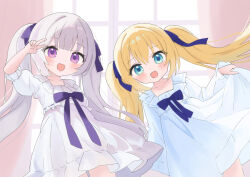 2girls blonde_hair blue_eyes blue_pajamas child hair_between_eyes lifting_own_clothes long_hair looking_at_viewer multiple_girls open_mouth original pajamas purple_eyes purple_hair smile twintails v very_long_hair white_pajamas window_shadow yamadin