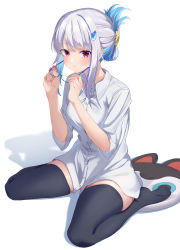 Rule 34 | 1girl, absurdres, black thighhighs, blue hair, blush, breasts, closed mouth, collared shirt, commentary request, dress shirt, ears visible through hair, unworn eyewear, full body, glasses, hair ornament, highres, holding, holding removed eyewear, large breasts, lize helesta, looking at viewer, multicolored hair, nail polish, nenehotoso, nijisanji, no shoes, pink nails, purple eyes, shirt, short sleeves, sidelocks, silver hair, simple background, sitting, solo, thighhighs, virtual youtuber, wariza, white background, white shirt