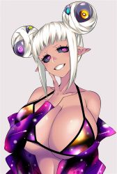 Rule 34 | 1girl, bad id, bad twitter id, black sclera, breasts, cleavage, colored sclera, dark-skinned female, dark skin, female focus, hair bun, highres, huge breasts, hz (666v), jacket, mao (camui kamui), multicolored clothes, open clothes, open jacket, red eyes, single hair bun, smile, solo, tank top, white hair
