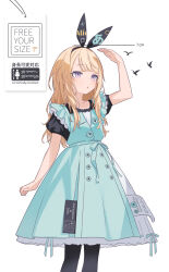 Rule 34 | 1girl, :o, ?, alice (alice in wonderland), alice in wonderland, aqua dress, aqua ribbon, arm at side, arm up, bird, black hairband, black shirt, black thighhighs, blonde hair, bow hairband, buttons, commentary request, cowboy shot, dress, english text, giant, giantess, hairband, height, highres, layered dress, long hair, pantyhose, parted lips, pinafore dress, puffy short sleeves, puffy sleeves, purple eyes, ribbon, shirt, short sleeves, sidelocks, simple background, sleeveless, sleeveless dress, solo, swept bangs, tag, thighhighs, translation request, wakuseiy, white background, white dress