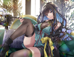 Rule 34 | 1girl, akatsuki hijiri, bare shoulders, black hair, black jacket, black nails, black thighhighs, blue hair, breasts, commentary request, couch, facial mark, fate/grand order, fate (series), grey eyes, holding, jacket, large breasts, looking at viewer, multicolored hair, nail polish, off shoulder, parted lips, partial commentary, sitting, smile, solo, streaked hair, teeth, tenochtitlan (fate), thighhighs, thighs