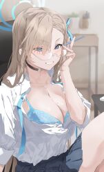 Rule 34 | 1girl, asuna (blue archive), black choker, black skirt, blue archive, blue bra, blue eyes, blue halo, blue ribbon, bra, breasts, choker, cleavage, collarbone, collared shirt, glasses, grin, hair over one eye, hair ribbon, halo, highres, holding, holding pencil, kuu (user gngs5284), large breasts, light brown hair, long hair, mechanical pencil, mole, mole on breast, pencil, pleated skirt, ribbon, shirt, skirt, smile, solo, underwear, white shirt