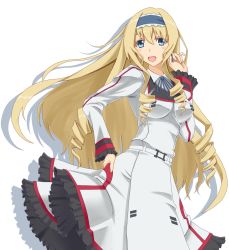 Rule 34 | 10s, 1girl, blonde hair, blue eyes, blush, breasts, cecilia alcott, drill hair, earrings, female focus, frilled skirt, frills, hairband, highres, infinite stratos, jewelry, long hair, macha, open mouth, ribbon, simple background, single earring, skirt, solo, white background