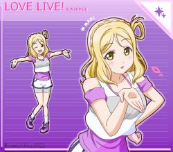 Rule 34 | 1girl, ;d, bike shorts, blonde hair, blowing kiss, braid, character name, clothing cutout, copyright name, crown braid, dolphin shorts, full body, grey shorts, hand on own hip, leaning forward, long hair, looking at viewer, love live!, love live! sunshine!!, ohara mari, one eye closed, open mouth, outstretched arms, parted bangs, pink footwear, purple shirt, shirt, short shorts, short sleeves, shorts, shorts under shorts, shoulder cutout, smile, socks, solo, striped background, twitter username, upper body, white shorts, white socks, yellow eyes, yumechiku
