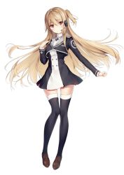 Rule 34 | 1girl, black thighhighs, blonde hair, blush, brown footwear, closed mouth, dress, floating hair, full body, game-bu project, hair between eyes, hand up, headset, loafers, long hair, long sleeves, looking at viewer, necomi, official art, one side up, red eyes, school uniform, shoes, short dress, sidelocks, simple background, smile, solo, standing, thighhighs, very long hair, virtual youtuber, white background, yumesaki kaede (game club project)