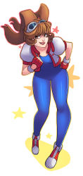 Rule 34 | 1girl, animal ears, blue bodysuit, bodysuit, breasts, brown eyes, brown hair, rabbit ears, cleavage, clenched hands, cropped jacket, female focus, fingerless gloves, full body, gloves, goggles, goggles on head, greenmarine, hand on own hip, highres, leaning forward, makihara arina, puffy short sleeves, puffy sleeves, shoes, short hair, short sleeves, skin tight, small breasts, sneakers, solo, spandex, waku waku 7