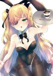 Rule 34 | 1girl, animal ears, black bow, black bowtie, black leotard, black pantyhose, black ribbon, blonde hair, bow, bowtie, breasts, commentary request, cup, detached collar, eyepatch, fake animal ears, fischl (genshin impact), genshin impact, green eyes, hair ribbon, karappo (poket12), leotard, long hair, looking at viewer, pantyhose, playboy bunny, rabbit ears, ribbon, simple background, sitting, small breasts, solo, spoon, thighband pantyhose, tray, twintails, wariza, white background, wrist cuffs