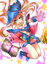 Rule 34 | 1girl, absurdres, bare shoulders, blonde hair, blue footwear, blush stickers, book, boots, breasts, choker, cleavage, dark magician girl, duel monster, female focus, green eyes, hanamasa ono, hat, hexagram, highres, long hair, magical girl, pentacle, pentagram, shiny skin, solo, staff, thighs, wand, wizard hat, yu-gi-oh!, yu-gi-oh! duel monsters