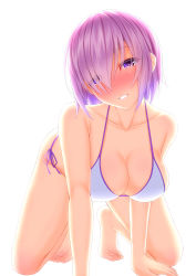 Rule 34 | 1girl, absurdres, all fours, alternate costume, bare shoulders, barefoot, bikini, blush, breasts, cleavage, collarbone, fate/grand order, fate (series), hair over one eye, highres, large breasts, light purple hair, looking at viewer, mash kyrielight, purple eyes, shirouzu myuuta, short hair, simple background, smile, solo, swimsuit, thighs, white background, white bikini
