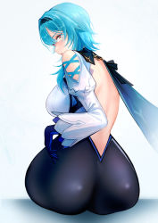 Rule 34 | 1girl, absurdres, ass, ass focus, asymmetrical hair, backless outfit, black pants, blue capelet, blue gloves, blue hair, blush, breasts, capelet, cl (summer sama), clothing cutout, commentary, cowboy shot, cross-laced clothes, eula (genshin impact), from behind, genshin impact, gloves, grey background, hair between eyes, hair intakes, hairband, highres, huge ass, large breasts, light blue hair, looking at viewer, looking back, medium breasts, multicolored eyes, open mouth, pants, purple eyes, shirt, shoulder cutout, simple background, sitting, snowflake background, solo, white shirt, yellow eyes