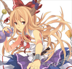 Rule 34 | 1girl, bare shoulders, blonde hair, blue skirt, bow, bowtie, brown eyes, buttons, chain, closed mouth, collared shirt, gourd, hair bow, highres, holding gourd, horn ornament, horns, ibuki suika, layered skirt, leaning forward, long hair, looking at viewer, mikaru9mikaru, multicolored clothes, multicolored skirt, oni horns, purple skirt, red bow, red bowtie, shirt, simple background, skirt, sleeveless, sleeveless shirt, solo, touhou, very long hair, white background, white shirt, white skirt