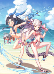 Rule 34 | 2girls, ;d, andromeda (p&amp;d), beach, bikini, black hair, blue eyes, braid, breasts, carrying, chibi, day, dolphin, double bun, dragon girl, dragon tail, fang, female focus, fins, full body, hair bun, haku (p&amp;d), head fins, highres, karin (p&amp;d), long hair, looking at viewer, multicolored hair, multiple girls, ocean, one-piece swimsuit, one eye closed, open mouth, outdoors, puzzle &amp; dragons, sandals, sky, small breasts, smile, standing, standing on one leg, swimsuit, tail, tiger tail, twin braids, two-tone hair, underboob, water, water gun, white bikini, white hair, white one-piece swimsuit, yellow eyes, yellowpaint.