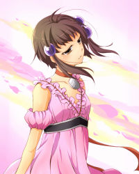 Rule 34 | 1girl, ahoge, bare shoulders, blush, breasts, brown eyes, brown hair, choker, dress, hair ornament, open mouth, reala (tales), short hair, tales of (series), tales of destiny 2