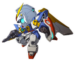 Rule 34 | blue eyes, chibi, clenched hand, glowing, glowing eye, gun, gundam, gundam wing, holding, holding gun, holding weapon, looking at viewer, mecha, mechanical wings, mobile suit, robot, science fiction, shield, solo, susagane, v-fin, weapon, white background, wing gundam, wings