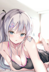 Rule 34 | 1girl, bad id, bad pixiv id, bare shoulders, barefoot, black camisole, blue eyes, blurry, blurry background, blush, breast press, breasts, camisole, ceiling, cleavage, collarbone, commentary request, curtains, foot up, foreshortening, hair between eyes, hair ornament, hairclip, large breasts, looking at viewer, lying, on bed, on stomach, open mouth, original, pon (ponidrop), ponytail, selfie, shadow, solo, spaghetti strap, star (symbol), star hair ornament, tareme, the pose, white hair