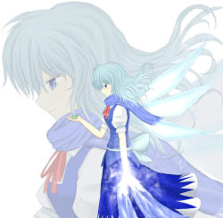 Rule 34 | 1girl, blue eyes, blue hair, bow, bunchou (bunchou3103), cirno, cirno-nee, dress, female focus, frog, ice, long hair, matching hair/eyes, aged up, scarf, solo, touhou, white background, wings