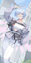 Rule 34 | 1girl, absurdres, arknights, arm up, belt pouch, blue hair, closed mouth, crop top, detached wings, felsushi2, gloves, grey eyes, grey jacket, gun, hair between eyes, halo, hand on own hip, highres, holding, holding gun, holding weapon, holster, jacket, light blue hair, looking at viewer, one eye closed, open clothes, open jacket, outdoors, pants, pouch, short hair, smile, solo, spuria (arknights), standing, strap, weapon, white gloves, white pants, white theme, wings