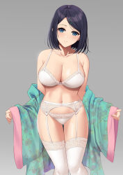 Rule 34 | 1girl, armpit crease, bare shoulders, black hair, blue eyes, bra, breasts, cleavage, closed mouth, collarbone, commentary, commission, floral print, garter belt, garter straps, gluteal fold, green kimono, grey background, hair ornament, hairclip, highres, japanese clothes, kauru00, kimono, lace, lace-trimmed bra, lace-trimmed legwear, lace-trimmed panties, lace trim, large breasts, long sleeves, looking at viewer, medium hair, navel, off shoulder, open clothes, open kimono, original, panties, print kimono, simple background, smile, solo, swept bangs, thighhighs, thighs, underwear, white bra, white garter belt, white panties, white thighhighs, wide sleeves