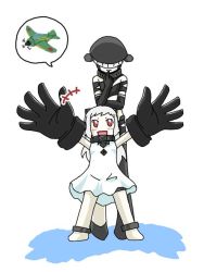 Rule 34 | 10s, 2girls, :d, abyssal ship, bad id, bad pixiv id, black gloves, colored skin, dress, elbow gloves, gloves, headgear, height difference, horns, horten, kantai collection, long hair, mittens, multiple girls, northern ocean princess, open mouth, outstretched arms, red eyes, silver hair, simple background, smile, spoken object, spread arms, tsu-class light cruiser, white background, white dress, white skin