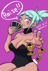 Rule 34 | 1girl, 2022, breasts, card, cerebella (skullgirls), cleavage, coin, detached collar, eyeshadow, green hair, green lips, green nails, grey eyes, highres, large breasts, leotard, lipstick, makeup, pata n, playboy bunny, playing card, ponytail, rabbit tail, skullgirls, smile, solo, speech bubble