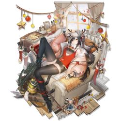Rule 34 | 1girl, animal ears, arknights, baggy clothes, bandeau, bare shoulders, bell, belt, black bandeau, black footwear, black gloves, black hair, black shorts, black thighhighs, blush, boots, bow (weapon), breasts, cat ears, chair, character doll, christmas ornaments, closed mouth, crossbow, full body, gloves, gradient hair, hand up, head tilt, indoors, jacket, jingle bell, large breasts, liduke, long hair, looking at viewer, medium breasts, multicolored hair, official alternate costume, official art, open clothes, open jacket, pink jacket, ponytail, quiver, reclining, red tank top, schwarz (arknights), schwarz (presents) (arknights), short shorts, shorts, sidelocks, silver hair, solo, star (symbol), tachi-e, tank top, thighhighs, transparent background, turtleneck, very long hair, weapon, yellow eyes