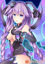 Rule 34 | 1girl, blue eyes, breasts, cleavage, hair ornament, jokerace03, leotard, long hair, looking at viewer, nepnep connect: chaos chanpuru, neptune (neptunia), neptune (series), purple hair, purple heart (neptunia), purple heart (chaos form), solo, symbol-shaped pupils, very long hair