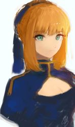 Rule 34 | 1girl, artoria pendragon (all), artoria pendragon (fate), blonde hair, blue bow, blue dress, bow, breasts, cleavage, cleavage cutout, closed mouth, clothing cutout, dress, fate/stay night, fate (series), green eyes, hair bow, hair bun, highres, hoojiro, juliet sleeves, long sleeves, looking at viewer, puffy sleeves, saber (fate), signature, single hair bun, solo, upper body