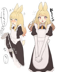 Rule 34 | !?, 1boy, apron, black dress, blonde hair, blush, clothes lift, disembodied limb, dress, dress lift, elbow gloves, embarrassed, furry, furry male, gloves, highres, lifting another&#039;s clothes, long hair, looking at viewer, maid, maid apron, male focus, mars symbol, multiple views, necktie, open mouth, orange necktie, original, own hands together, pantyhose, pink eyes, puffy short sleeves, puffy sleeves, rabbit boy, rabbit ears, rabbit tail, short sleeves, simple background, stefvanian, trap, v arms, white background, white gloves, white pantyhose