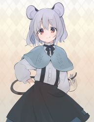 Rule 34 | 1girl, akagashi hagane, animal ears, argyle, argyle background, argyle clothes, basket, beige background, black ribbon, black skirt, blue capelet, brooch, capelet, cowboy shot, grey hair, hair between eyes, hand on own hip, holding, holding basket, jewelry, long sleeves, looking at viewer, mouse ears, mouse tail, nazrin, neck ribbon, puffy sleeves, red eyes, ribbon, shirt, short hair, skirt, smile, solo, standing, suspenders, tail, touhou, white shirt