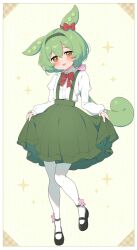 Rule 34 | 1girl, blush, curtsey, dress, green hair, green suspenders, hair between eyes, highres, long hair, looking at viewer, low ponytail, open mouth, pea pod, puffy sleeves, ransusan, ribbon, shirt, smile, solo, suspenders, voiceroid, white background, white shirt, yellow eyes, zundamon