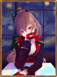 Rule 34 | 1girl, absurdres, azur lane, brown hair, commentary request, corset, covering own mouth, gloves, hair between eyes, hand over own mouth, head tilt, high ponytail, highres, hiraba, huge filesize, jean bart (azur lane), long sleeves, looking at viewer, red eyes, red gloves