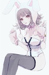 Rule 34 | 1girl, animal hat, armlet, bare shoulders, black leotard, breasts, cleavage, closed mouth, collarbone, danganronpa (series), danganronpa 2: goodbye despair, feet out of frame, fishnets, hat, highres, invisible chair, large breasts, leotard, nanami chiaki, official alternate costume, pink eyes, playboy bunny, rabbit hat, sitting, solo, thighhighs, wa no (shihashino), white leotard