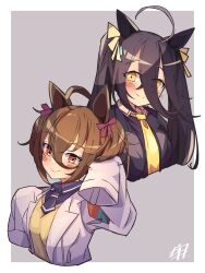 Rule 34 | 2girls, absurdres, agnes tachyon (umamusume), ahoge, alternate hairstyle, animal ears, black hair, black jacket, black necktie, blush, border, brown hair, closed mouth, collared shirt, commentary request, earrings, grey background, hair between eyes, highres, horse ears, horse girl, jacket, jewelry, lab coat, long hair, looking at viewer, manhattan cafe (umamusume), medium hair, multicolored hair, multiple girls, necktie, red eyes, shirt, signature, simple background, single earring, sleeves past fingers, sleeves past wrists, smile, streaked hair, sweater vest, twintails, twintails day, umamusume, upper body, white border, white hair, woruta (soloistlist), yellow eyes, yellow necktie, yellow sweater vest