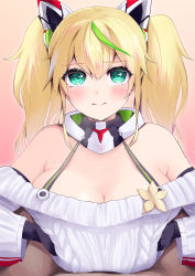 Rule 34 | 1boy, 1girl, anesaki, bare shoulders, black gloves, blonde hair, blush, breast press, breasts, breasts squeezed together, cleavage, closed mouth, commentary, dark-skinned male, dark skin, elbow gloves, eyelashes, forehead, gene (pso2), gloves, gradient background, green eyes, green hair, hair between eyes, hair ornament, highres, implied paizuri, large breasts, long sleeves, looking at viewer, multicolored hair, off-shoulder sweater, off shoulder, paizuri, paizuri under clothes, phantasy star, phantasy star online 2, robot ears, simple background, smile, solo focus, split mouth, sweater, twintails, two-tone hair, upper body, white sleeves