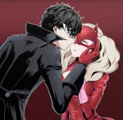 Rule 34 | 10s, 1boy, 1girl, amamiya ren, black coat, black hair, blonde hair, bodysuit, cat mask, cleavage cutout, clothing cutout, coat, closed eyes, gloves, hand on another&#039;s cheek, hand on another&#039;s face, highres, imminent kiss, long hair, mask, parted lips, persona, persona 5, pink gloves, red background, red bodysuit, red gloves, takamaki anne, twintails, yolkyao