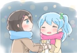 Rule 34 | 2girls, :d, ^ ^, bang dream!, black hair, blue eyes, blue hair, blue scarf, blush, bow, brown coat, chibi, closed eyes, coat, green bow, hair bow, hair ornament, hairpin, holding hands, koroneko (ky-tora), long hair, looking at another, matsubara kanon, multiple girls, okusawa misaki, one side up, open mouth, outdoors, pink scarf, scarf, smile, snowing, upper body, winter clothes, yellow coat