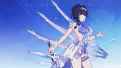 Rule 34 | 1girl, bare shoulders, blue theme, bracelet, braid, breasts, bubble, character name, chinese commentary, highres, holding, holding sword, holding weapon, honkai (series), honkai impact 3rd, jewelry, large breasts, logo, looking at viewer, medium hair, multiple swords, official art, official wallpaper, open hand, raiden mei, raiden mei (herrscher of origin), simple background, smile, solo, swimsuit, sword, thigh strap, upper body, weapon