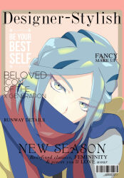 Rule 34 | 1boy, barcode, blue mittens, blue scarf, commentary request, cover, creatures (company), english text, eyelashes, fake magazine cover, game freak, green eyes, green hair, grusha (pokemon), head tilt, highres, jacket, long sleeves, magazine cover, male focus, mittens, nintendo, pokemon, pokemon sv, scarf, simo tori, solo, striped clothes, striped scarf, yellow jacket