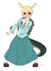 Rule 34 | 1girl, absurdres, antlers, blonde hair, blue shirt, dragon girl, dragon horns, dragon tail, highres, horns, kicchou yachie, long sleeves, looking at viewer, red eyes, same tiii, shirt, short hair, skirt, square neckline, tail, touhou, turtle shell, yellow horns