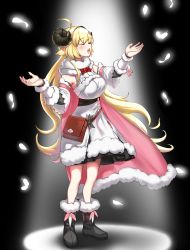 Rule 34 | 1girl, absurdres, ahoge, animal ears, artpatient, blonde hair, blush, boots, curled horns, detached sleeves, dress, feathers, fur-trimmed boots, fur trim, hair ornament, hairclip, highres, hololive, horns, long hair, music, open mouth, sheep girl, sheep horns, singing, smile, solo, tsunomaki watame, tsunomaki watame (1st costume), virtual youtuber, white dress
