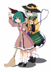 Rule 34 | 2girls, :3, animal ears, bad id, bad twitter id, bamboo broom, blouse, boots, bow, breasts, broom, commentary request, diamond (shape), dog ears, doroame (ameyu), dress, frilled skirt, frilled sleeves, frills, green eyes, green hair, green skirt, hands up, hat, hat bow, holding, holding behind back, jpeg artifacts, kasodani kyouko, komeiji koishi, long sleeves, multiple girls, pink dress, shaded face, shirt, shoes, short hair, simple background, skirt, small breasts, sneaking, socks, standing, sweatdrop, touhou, wavy mouth, white background