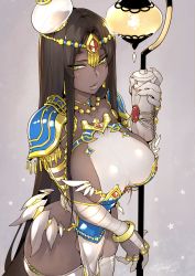 Rule 34 | 1girl, bandaged arm, bandages, black hair, breasts, caster of the nocturnal castle, commentary request, dark-skinned female, dark skin, dated, eyes visible through hair, fate/grand order, fate (series), fishine, green eyes, highres, holding, holding staff, jewelry, large breasts, long hair, scheherazade (fate), sideboob, signature, simple background, solo, staff, standing, star (symbol), thighhighs, thighs, tiara, very long hair, white thighhighs