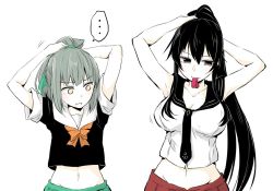 Rule 34 | 2girls, armpits, arms behind head, arms up, bad id, bad twitter id, black hair, bow, breast envy, breasts, brown eyes, green skirt, grey hair, hair bow, holding, holding own hair, kantai collection, kodera ju, large breasts, long hair, midriff, multiple girls, navel, necktie, orange neckwear, pleated skirt, ponytail, pout, red skirt, school uniform, serafuku, short sleeves, sidelocks, simple background, skirt, sleeveless, small breasts, tying hair, upper body, white background, yahagi (kancolle), yellow eyes, yuubari (kancolle)