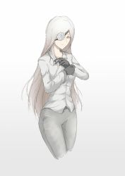 Rule 34 | 1girl, alchemist (girls&#039; frontline), black gloves, breasts, casual, closed mouth, collarbone, eyepatch, flower, girls&#039; frontline, gloves, long hair, looking at viewer, pants, rose, sangvis ferri, shirt, silver hair, solo, standing, thatob, white background, white flower, white pants, white rose, white shirt, yellow eyes