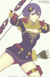 Rule 34 | arrow (projectile), bernadetta von varley, bike shorts, bow, bow (weapon), earrings, fire emblem, fire emblem: three houses, fire emblem heroes, gofelem, grey eyes, holding, holding bow (weapon), holding weapon, jewelry, nintendo, pouch, purple bow, purple hair, quiver, shawl, short shorts, shorts, simple background, solo, tagme, thigh pouch, weapon, white background