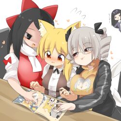 Rule 34 | 4girls, :3, animal ears, asymmetrical hair, black-framed eyewear, black bow, black bowtie, black eyes, black hair, black jacket, blonde hair, blush, bow, bowtie, breasts, brown vest, character print, closed mouth, collared shirt, cookie (touhou), detached sleeves, drill hair, eyes visible through hair, fairy wings, flying sweatdrops, fox ears, fox girl, genpatsu (cookie), glasses, grey hair, hair between eyes, hair bow, hakurei reimu, heart, heart in eye, highres, hood, hoodie, izayoi sakuya, jacket, large breasts, lets0020, long bangs, long hair, looking at another, looking to the side, luna child, male focus, medium bangs, medium breasts, medium hair, miramikaru riran, multiple girls, nose blush, open clothes, open jacket, open mouth, pornography, purple bow, quad drills, red bow, red eyes, riran youkyu, scarf, shaded face, shiromiya rei, shirt, short hair, shunga youkyu, simple background, single sidelock, smile, star sapphire, symbol in eye, tongue, tongue out, touhou, upper body, vest, white background, white scarf, white shirt, white sleeves, wings, yellow hoodie