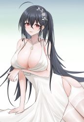 Rule 34 | 1girl, absurdres, arm under breasts, azur lane, bare shoulders, black hair, breasts, center opening, ciyuan (3847), cleavage, cocktail dress, dress, earrings, evening gown, garter straps, hair ornament, hair strand, highres, huge breasts, jewelry, long hair, looking at viewer, necklace, official alternate costume, plunging neckline, red eyes, see-through, see-through dress, simple background, sleeveless, sleeveless dress, taihou (azur lane), taihou (temptation on the sea breeze) (azur lane), thighhighs, very long hair, wedding dress, white dress, white thighhighs