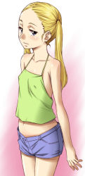 Rule 34 | blonde hair, blue eyes, blush, covered erect nipples, flat chest, long hair, long image, midriff, navel, sawa jaaji, shorts, solo, tall image, tank top, twintails